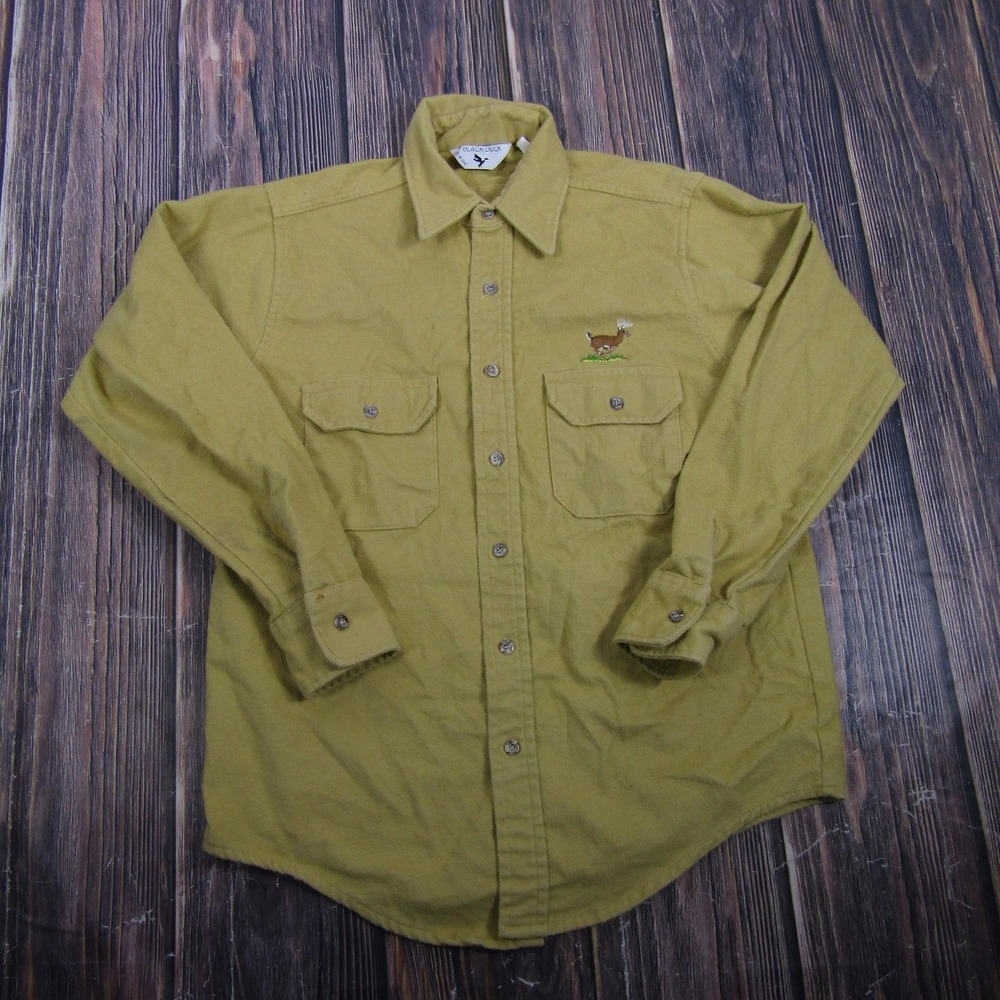 Vintage Black Duck Mens Medium Beige Flannel Button Up Shirt Deer Hunting